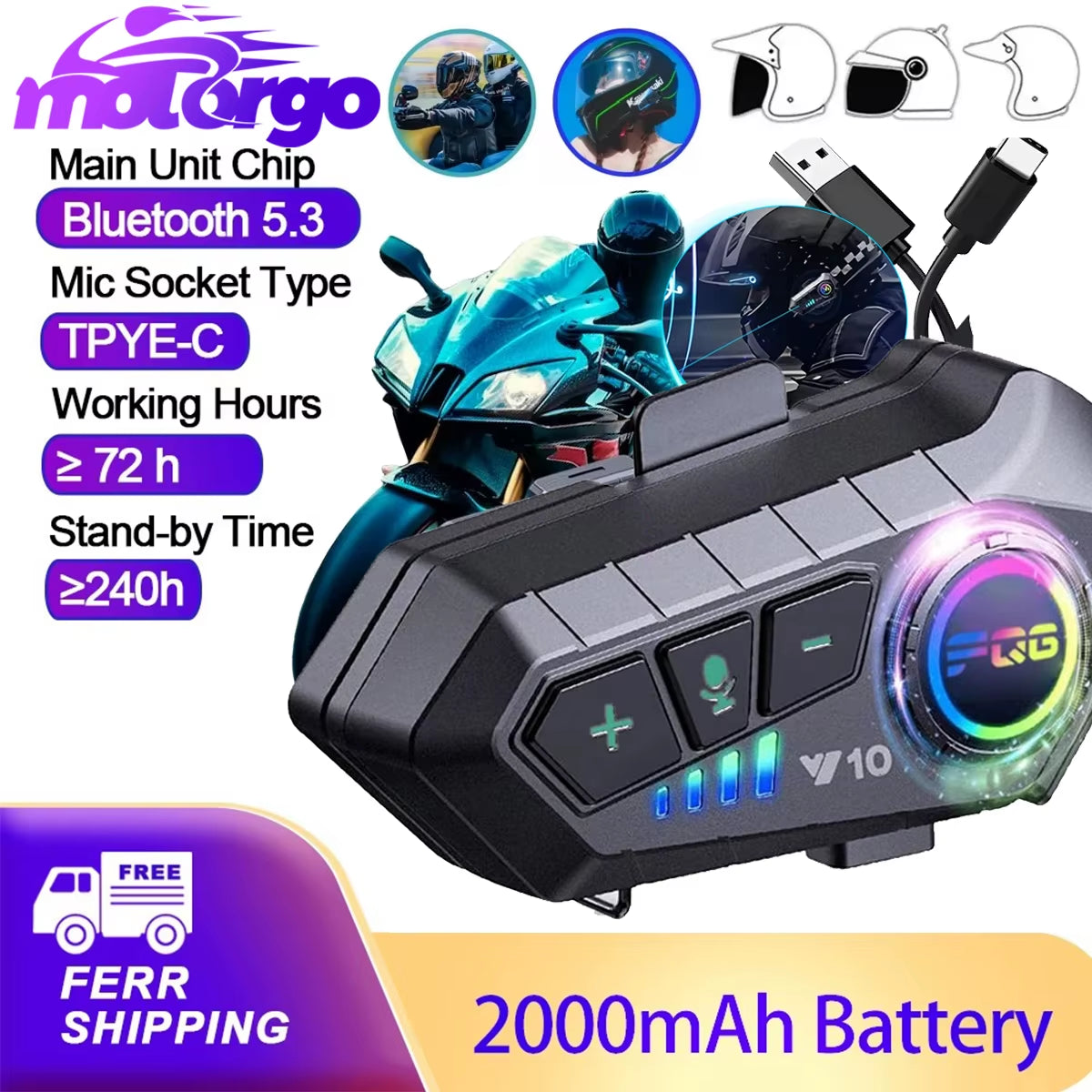 Bluetooth 5.3 Helmet Headset Wireless Hands-Free Call Phone Kit Motorcycle Waterproof Earphone MP3 Music Player Speaker for Moto